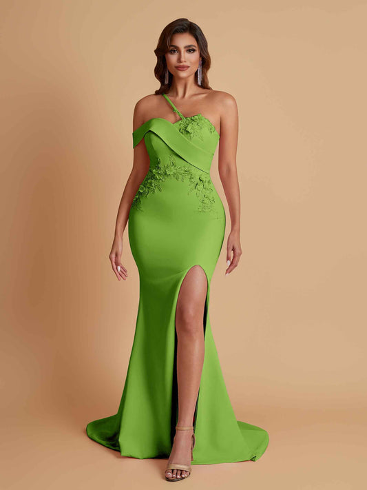 Sexy Soft Satin Mermaid One Shoulder Asymmetrical Side Slit Floor-Length Bridesmaid Dresses