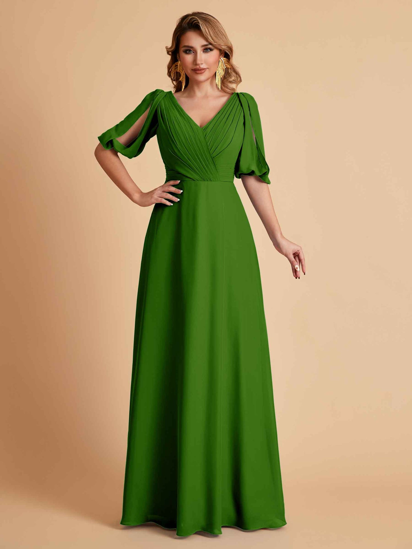 Elegant A-Line Chiffon Half Sleeves V-Neck Mother of the Brides Dresses Online