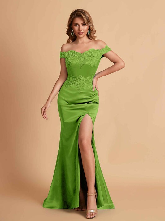 Elegant Satin Off Shoulder Mermaid Side Slit Floor Length Bridesmaid Dresses