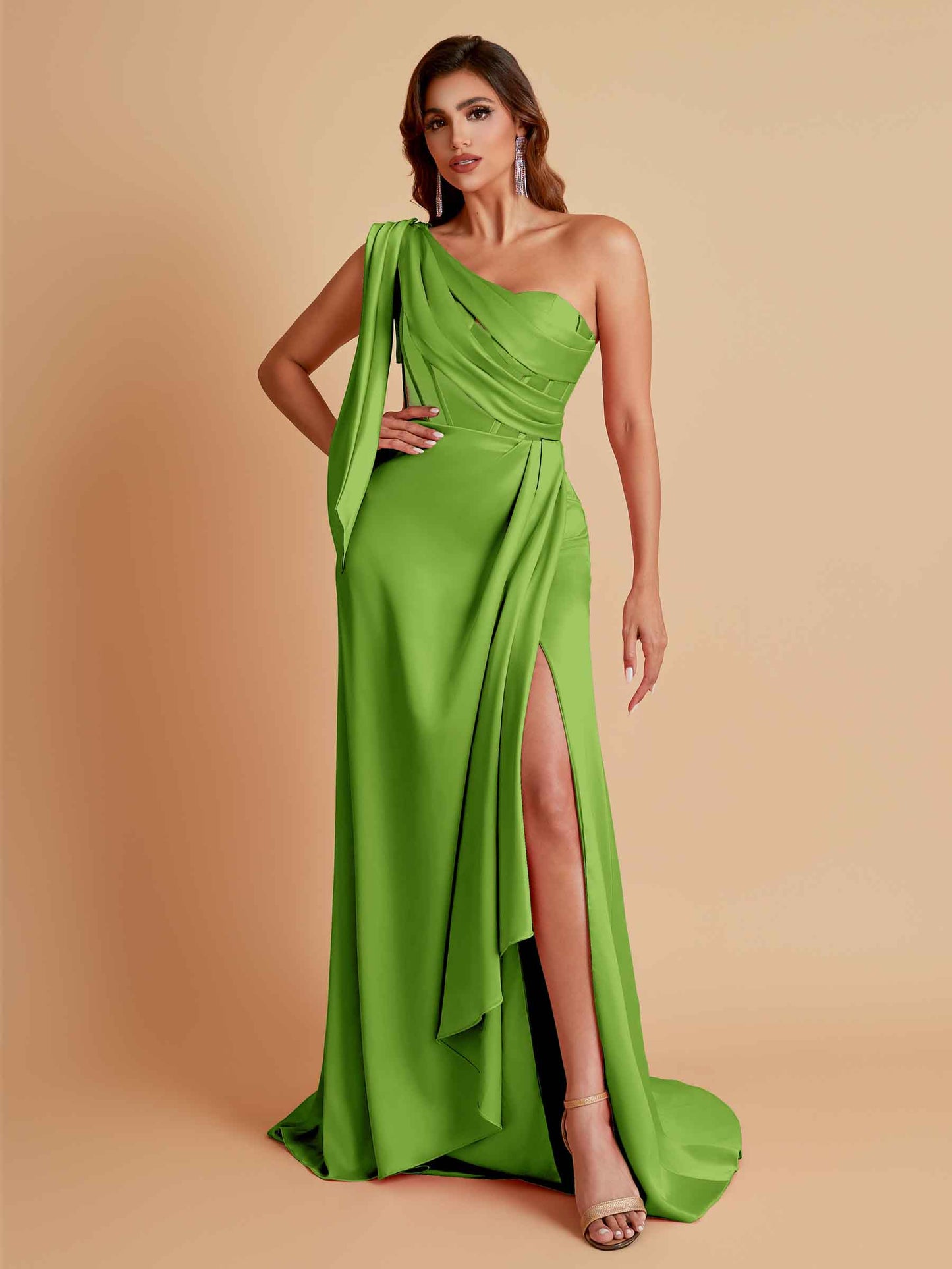 Sexy Soft Satin Mermaid One Shoulder Asymmetrical Side Slit Floor-Length Bridesmaid Dresses