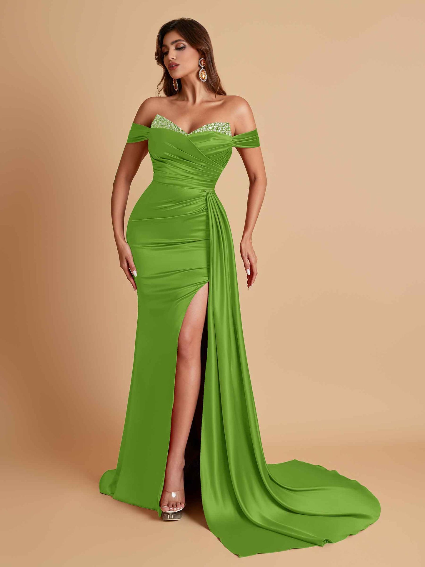 Gorgeous Soft Satin V-neck Off-the-Shoulder Side-Slit Mermaid Bridesmaid Dresses