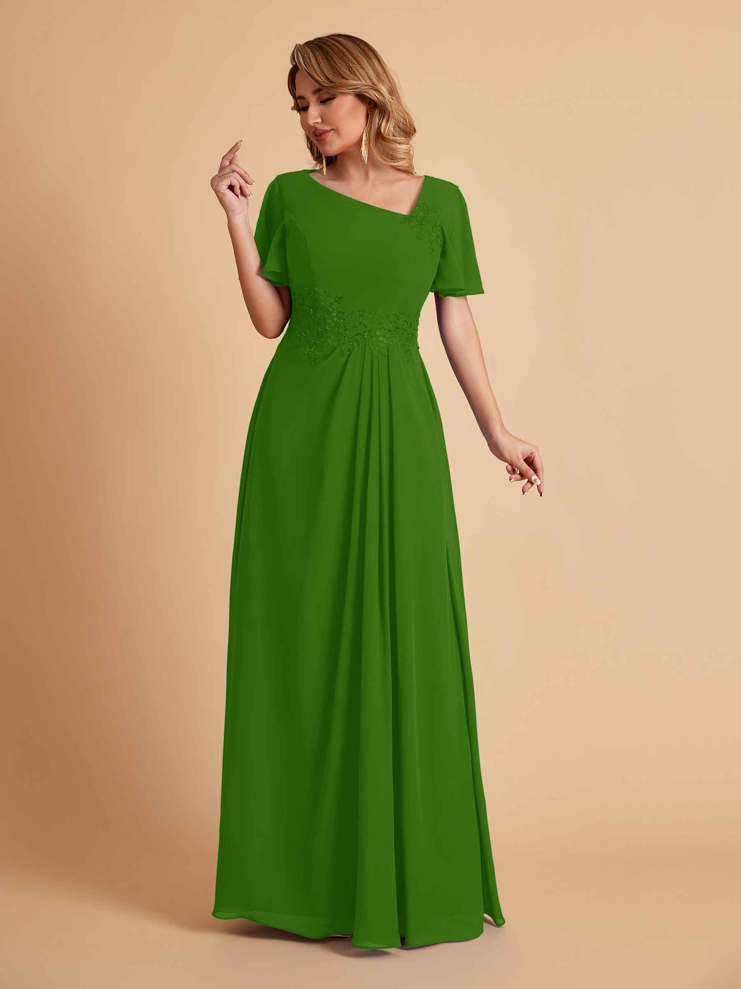 Elegant A-Line Chiffon Short Sleeves V-Neck Mother of the Brides Dresses Online