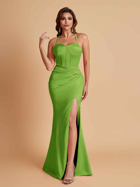 Sexy Soft Satin Mermaid Spaghetti Straps Side Slit Floor-Length Bridesmaid Dresses