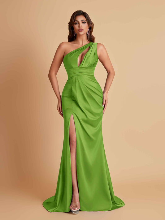 Sexy One Shoulder Soft Satin Side Slit Floor-Length Mermaid Bridesmaid Dresses