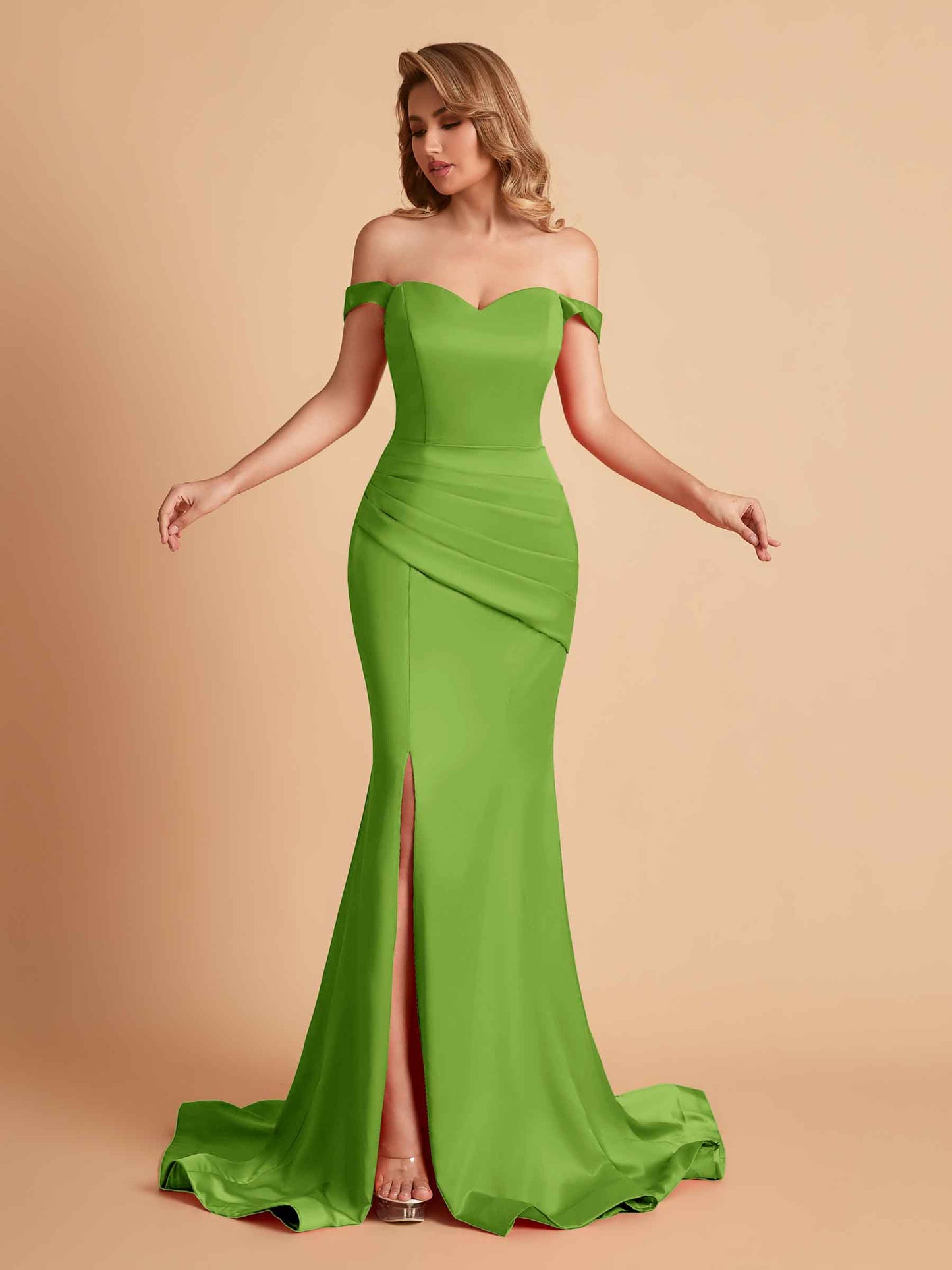 Elegant Satin Off the Shoulder Mermaid Side Slit Floor Length Bridesmaid Dresses