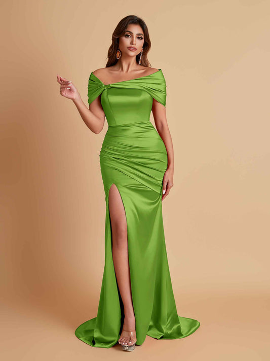 Elegant Soft Satin Off-the-shoulder Side-Slit Mermaid Bridesmaid Dresses