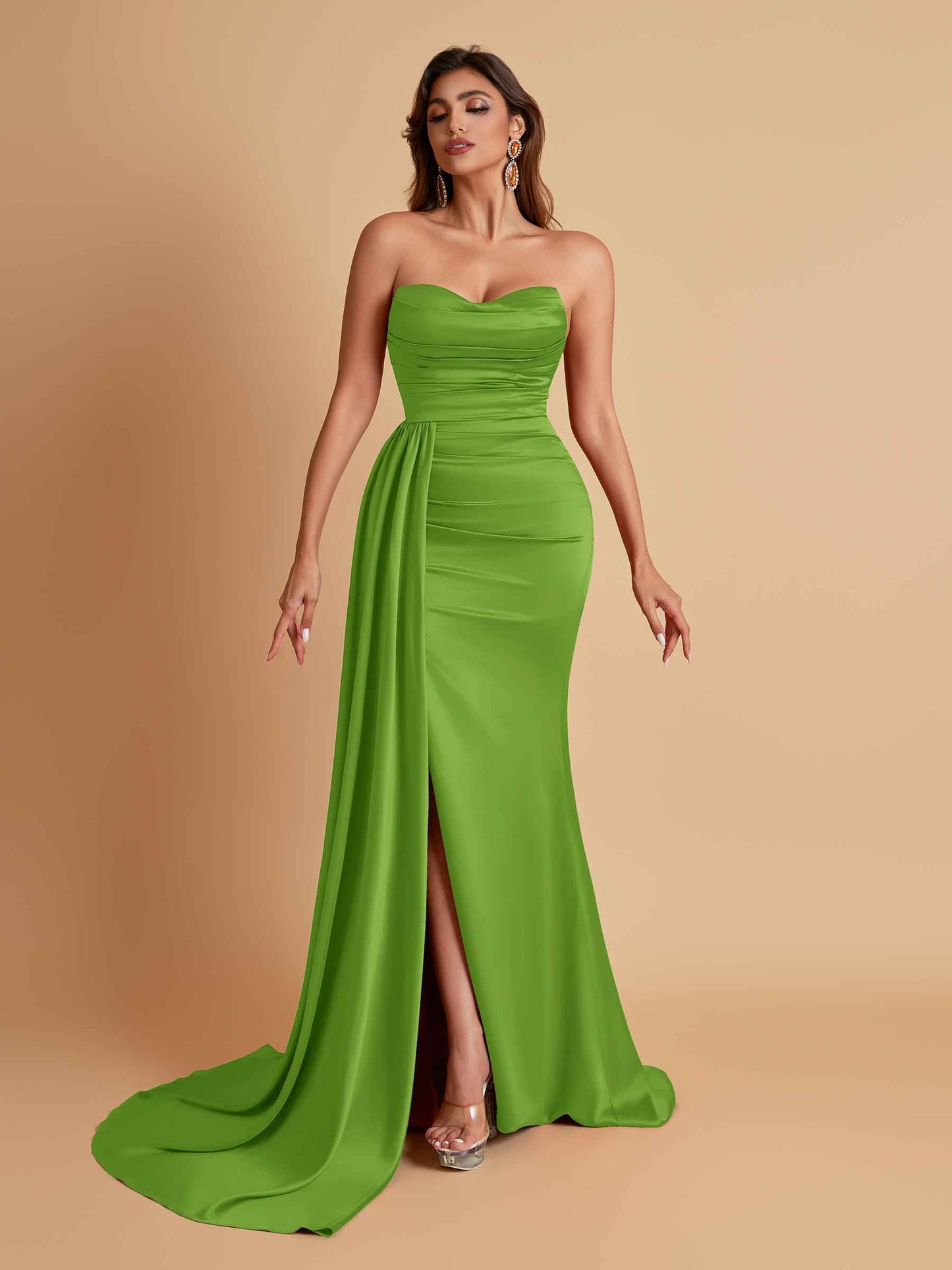 Elegant Soft Satin Sweetheart Strapless Side-Slit Mermaid Bridesmaid Dresses