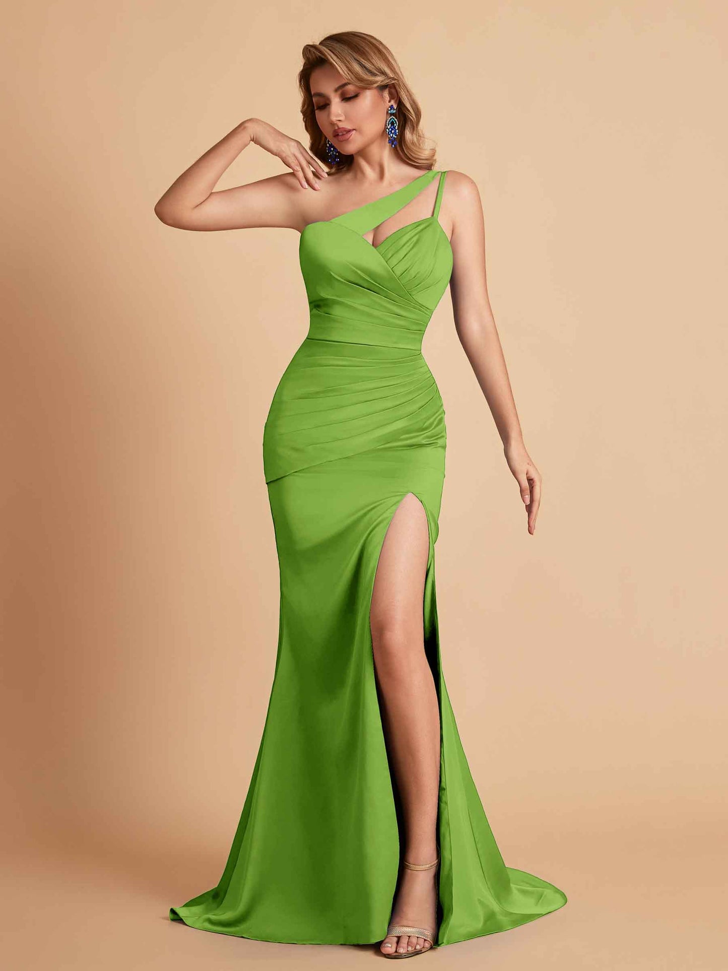 Elegant Satin One Shoulder Mermaid Side Slit Floor Length Bridesmaid Dresses