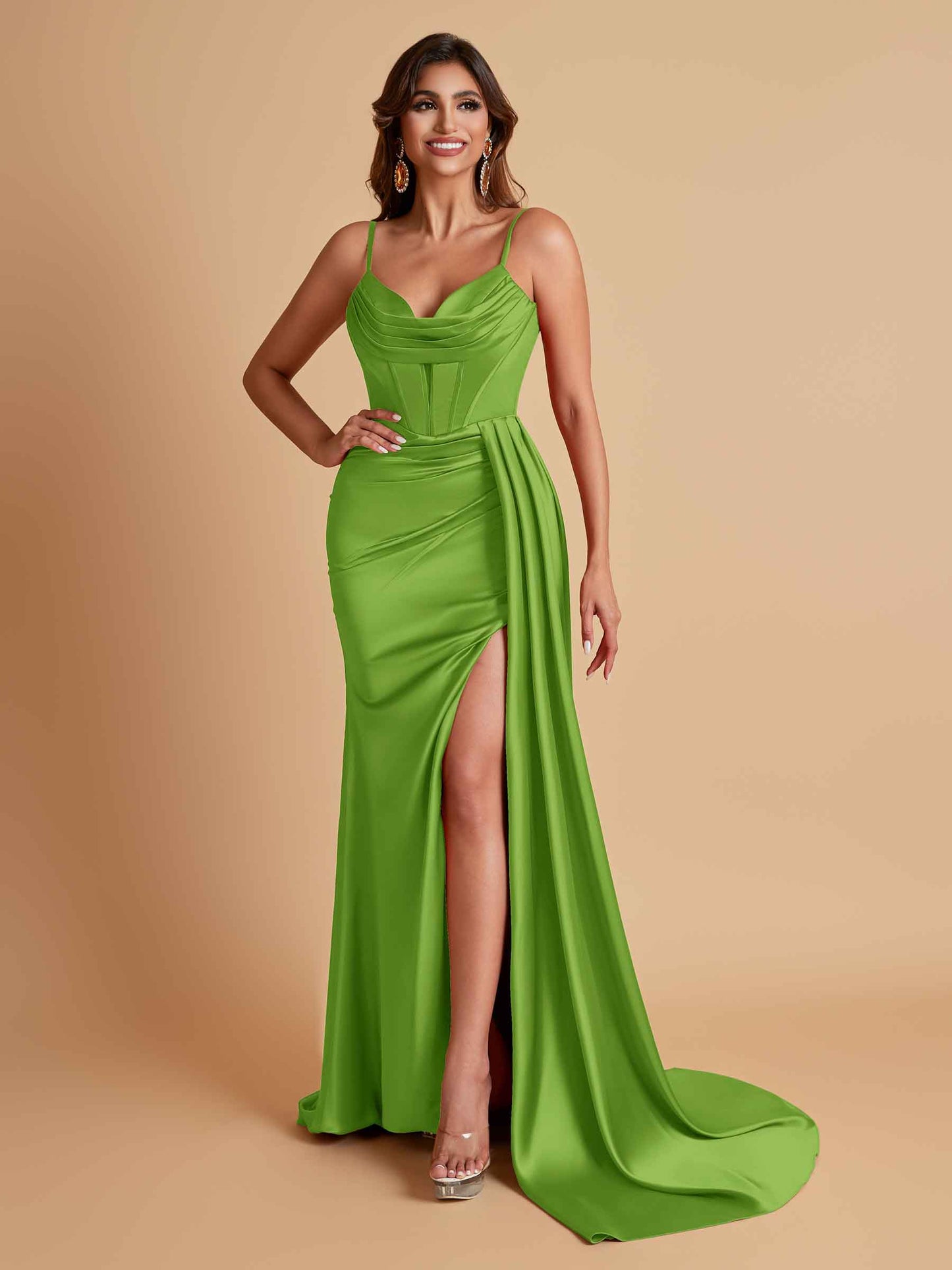 Sexy Soft Satin V-neck Spaghetti Strap Side-Slit Mermaid Bridesmaid Dresses