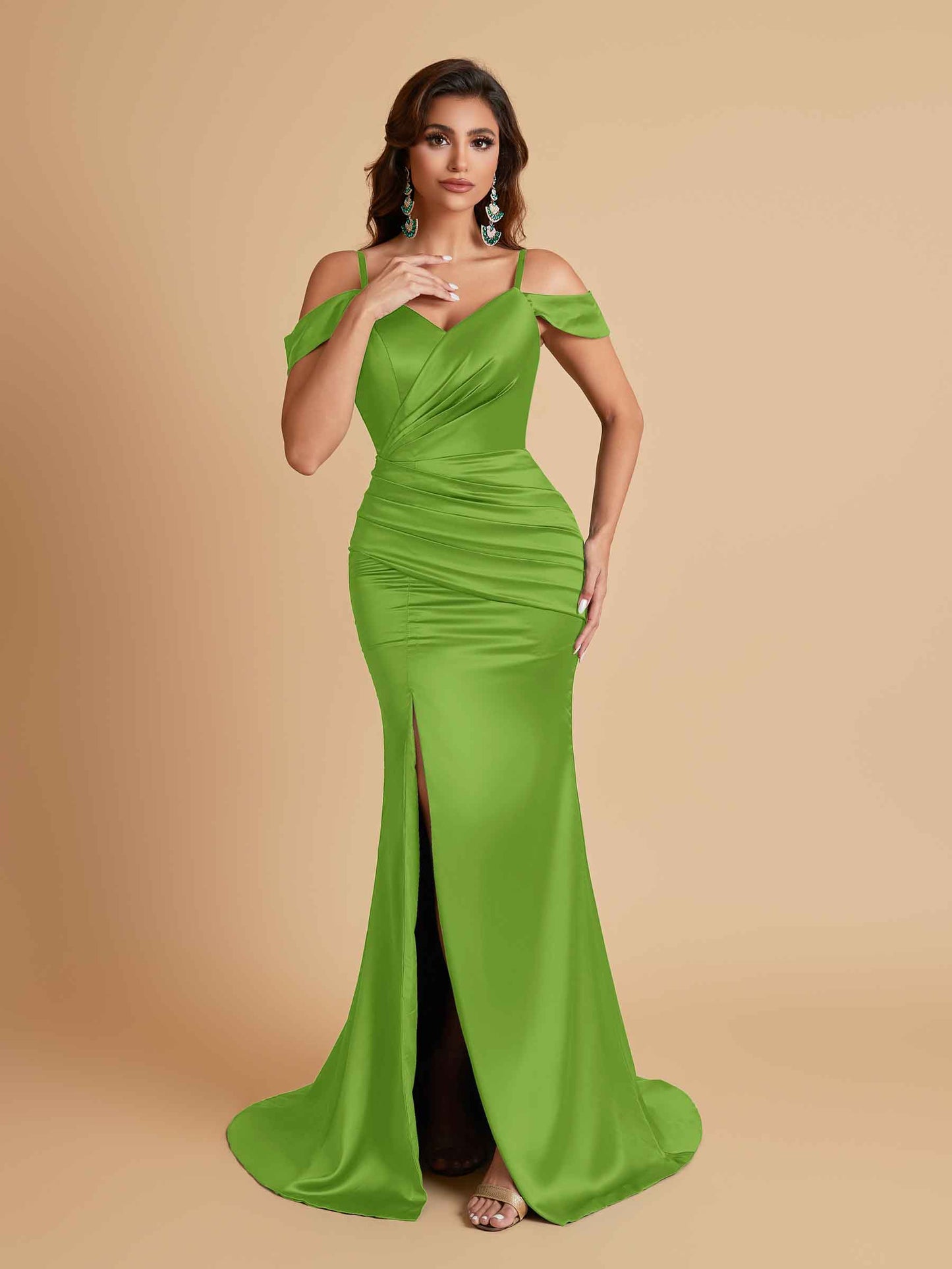 Sexy Soft Satin Mermaid Off Shoulder Side Slit Floor-Length Mermaid Bridesmaid Dresses