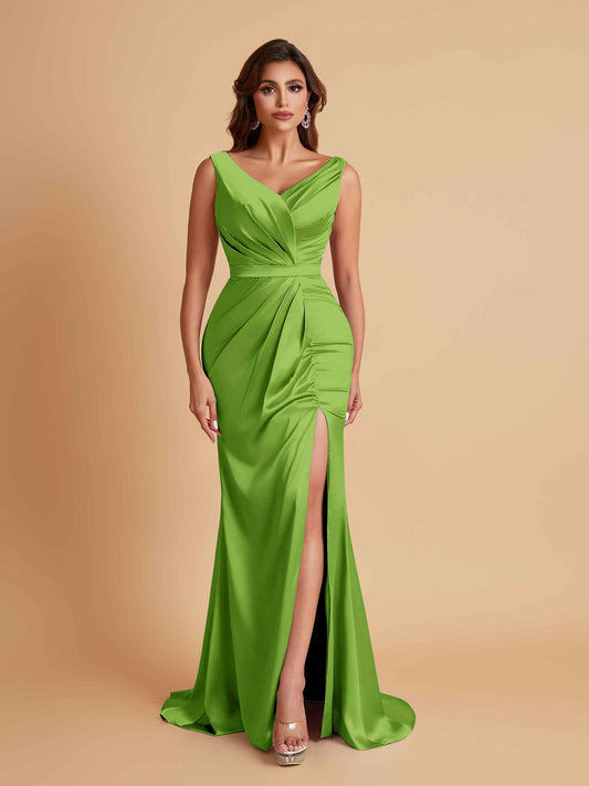 Elegant V Neck Soft Satin Side Slit Floor-Length Mermaid Bridesmaid Dresses