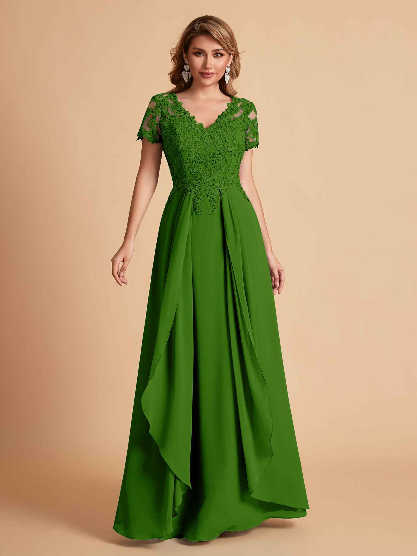 Elegant A-Line Chiffon Short Sleeves V-neck Mother of the Brides Dresses Lace Top MOB Dresses