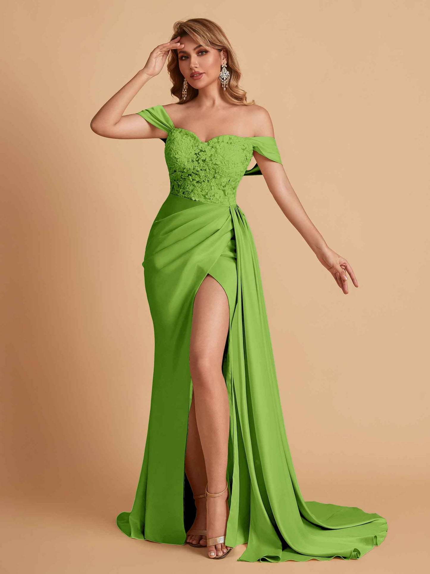 Sexy Satin Mermaid Off Shoulder Lace Side Slit Long Bridesmaid Dresses Online