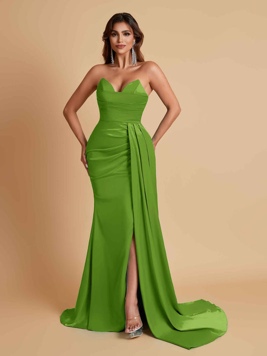 Gorgeous Strapless Soft Satin Side Slit Floor-Length Mermaid Bridesmaid Dresses
