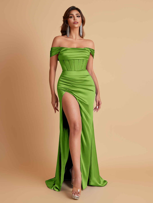 Sexy Off the Shoulder Soft Satin Side Slit Floor-Length Mermaid Bridesmaid Dresses