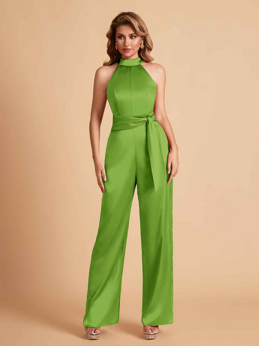 Elegant Satin Halter Sleeveless Satin Floor Length Bridesmaid Jumpsuit