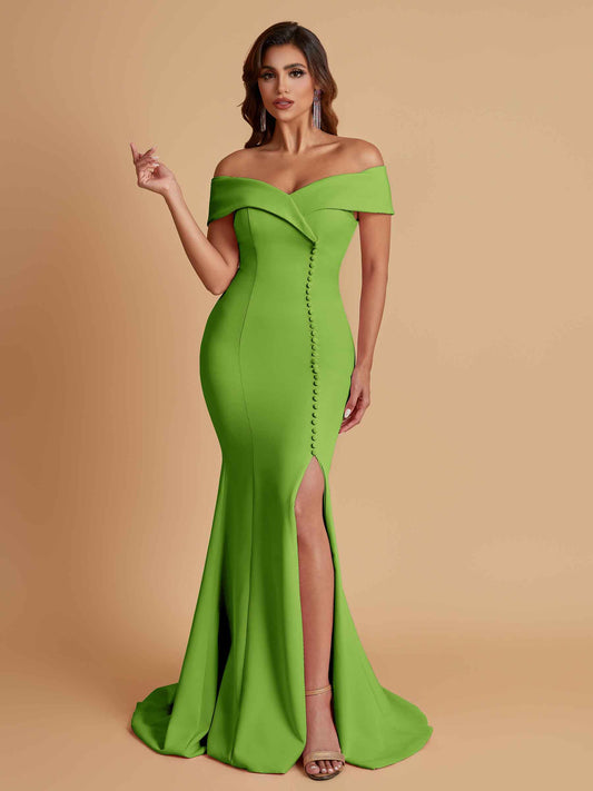 Elegant Soft Satin Mermaid Off Shoulder Side Slit Floor-Length Bridesmaid Dresses