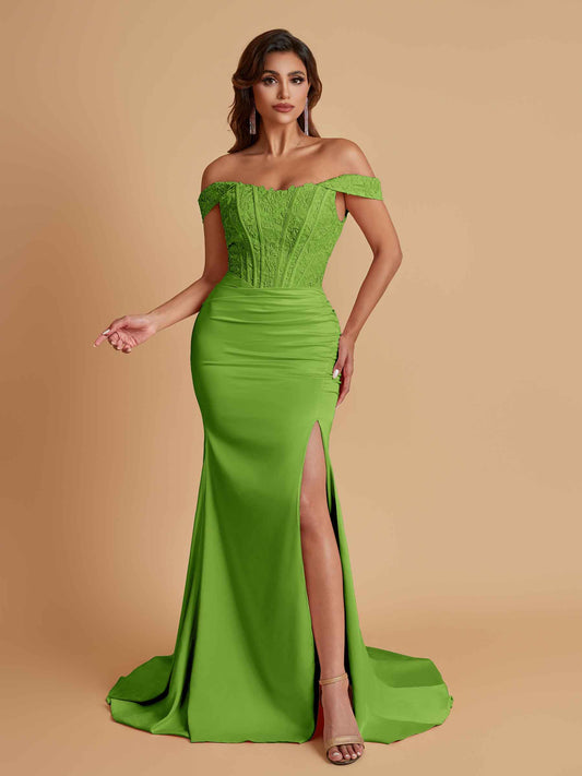 Elegant Soft Satin Mermaid Off Shoulder Side Slit Floor-Length Mermaid Bridesmaid Dresses