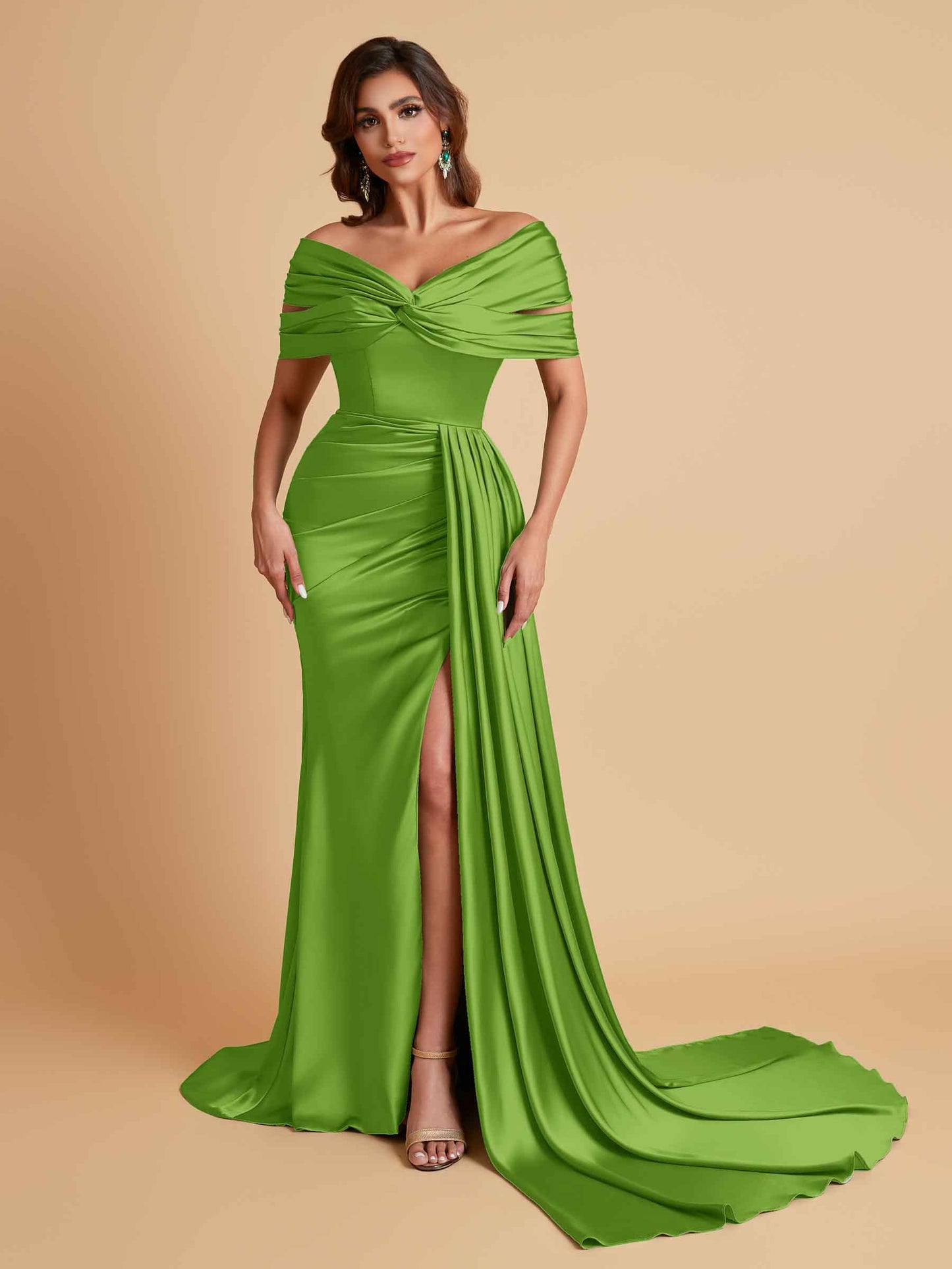 Elegant Soft Satin V-neck Off-the-Shoulder Side-Slit Mermaid Bridesmaid Dresses
