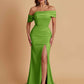 Elegant Soft Satin Mermaid Off Shoulder Asymmetrical Side Slit Floor-Length Bridesmaid Dresses