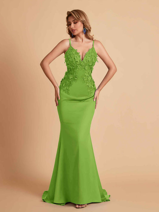 Sexy Satin Spaghetti Straps V-neck Mermaid Floor Length Applique Bridesmaid Dresses