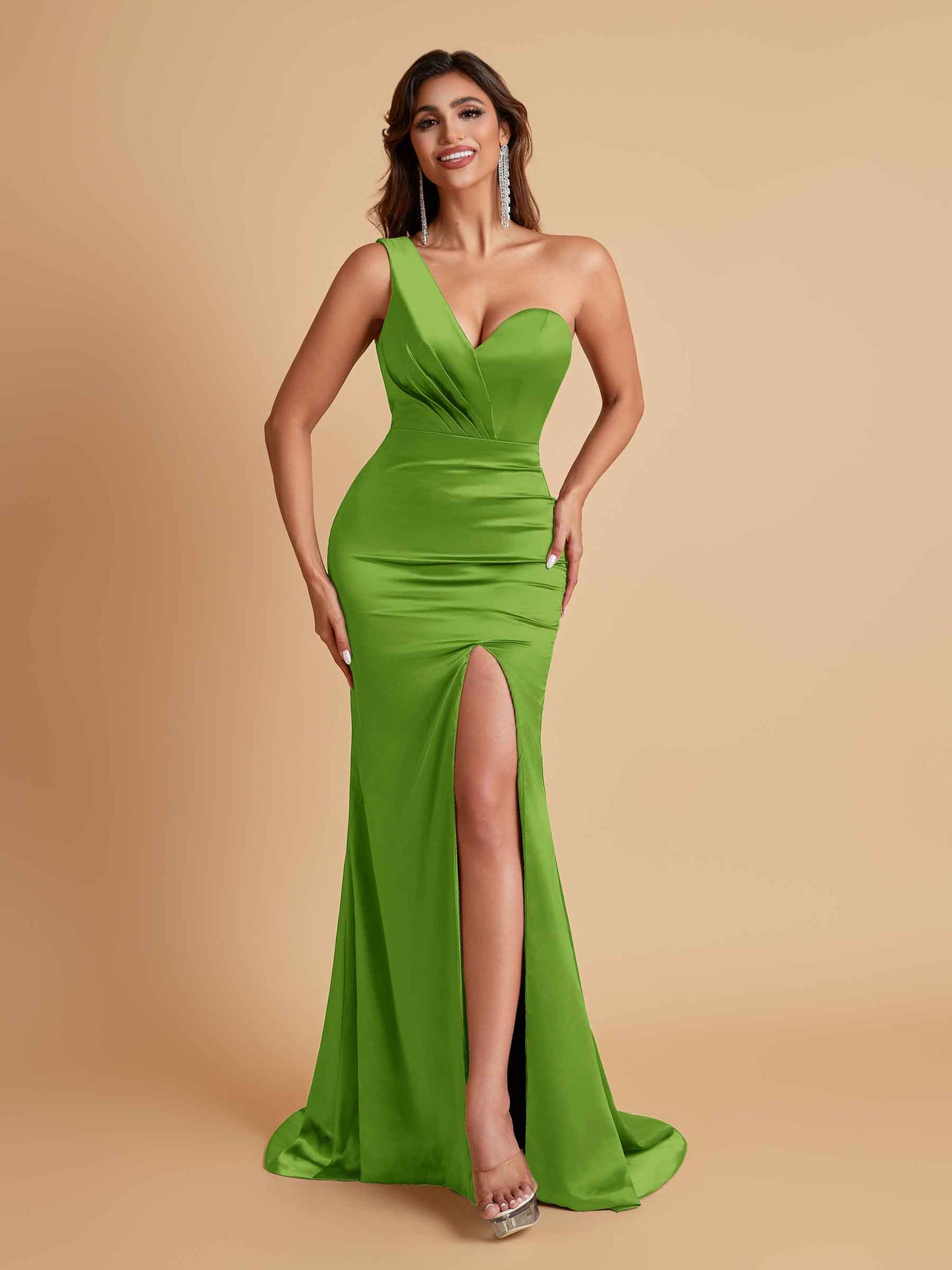 Gorgeous One Shoulder Soft Satin Side Slit Floor-Length Mermaid Bridesmaid Dresses