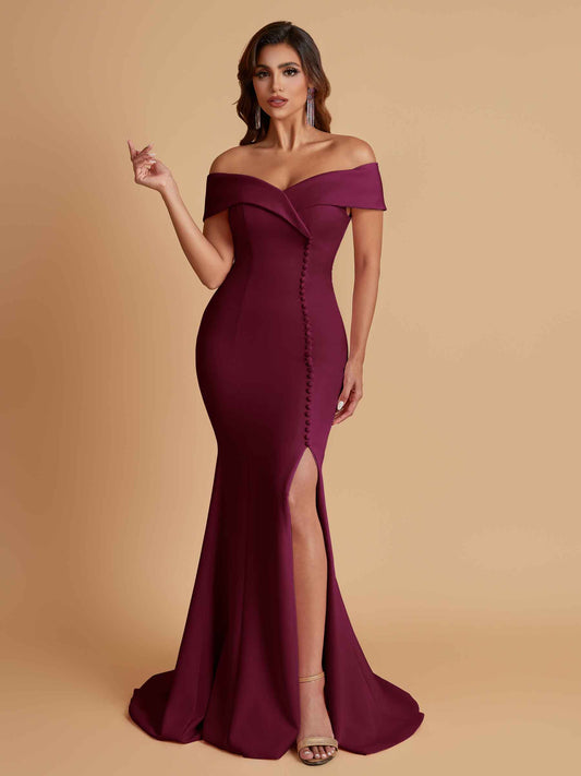 Elegant Soft Satin Mermaid Off Shoulder Side Slit Floor-Length Bridesmaid Dresses