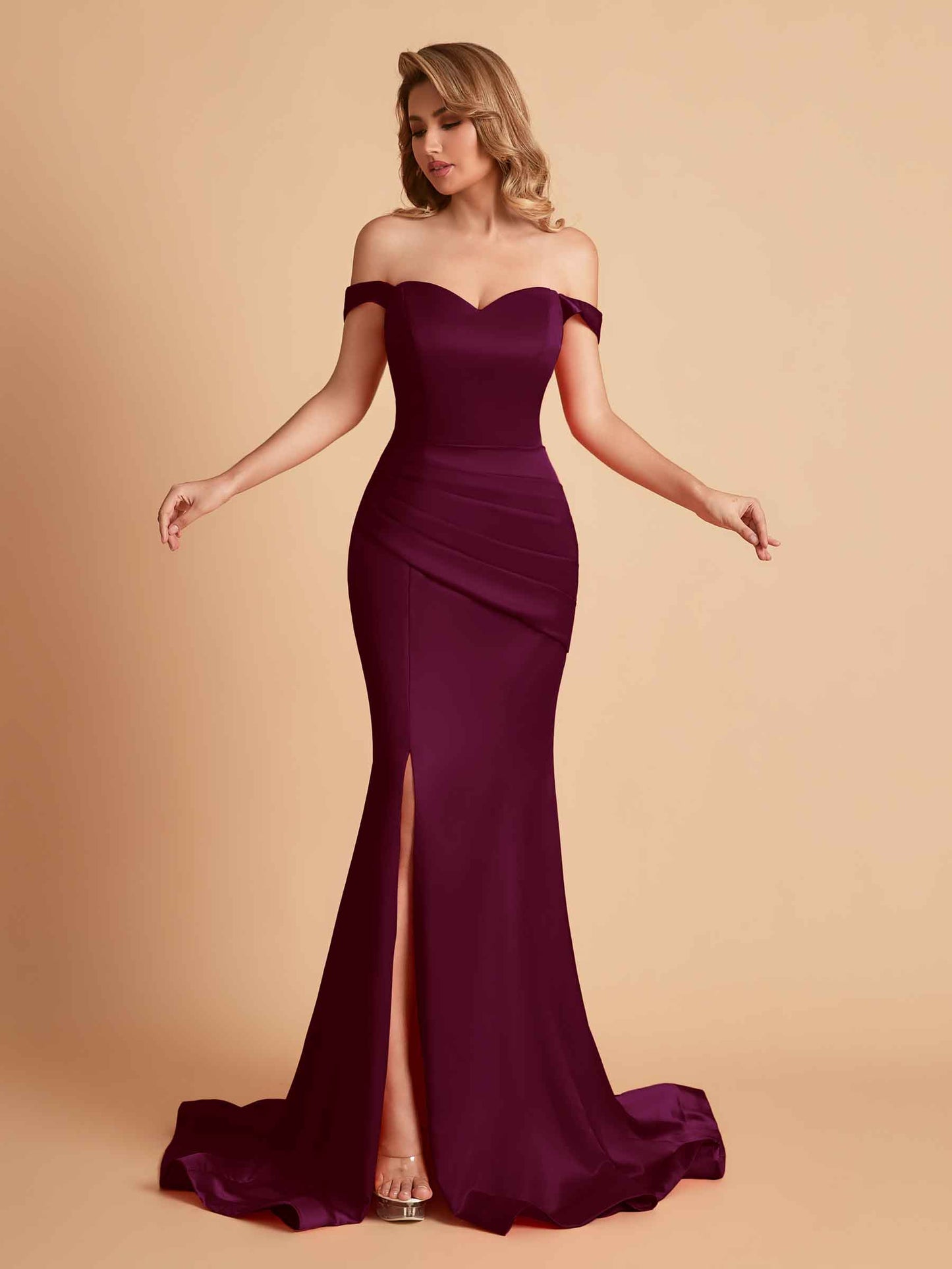Elegant Satin Off the Shoulder Mermaid Side Slit Floor Length Bridesmaid Dresses