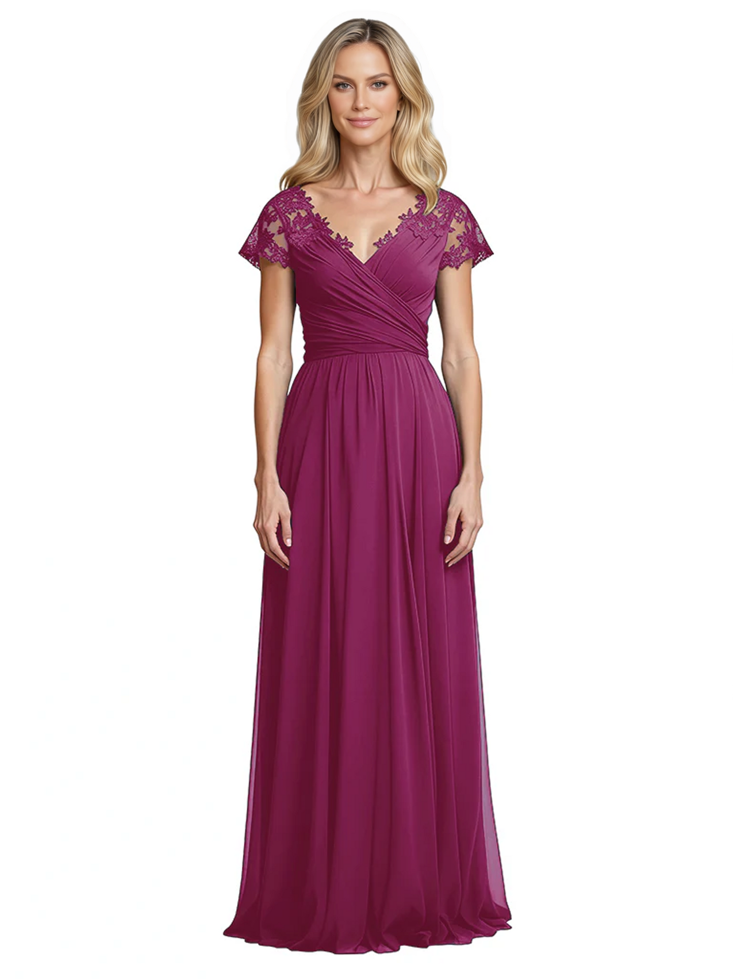 Mother of the Bride Dress Cap Sleeves and V-Neckline with Embroidered Lace Shoulders