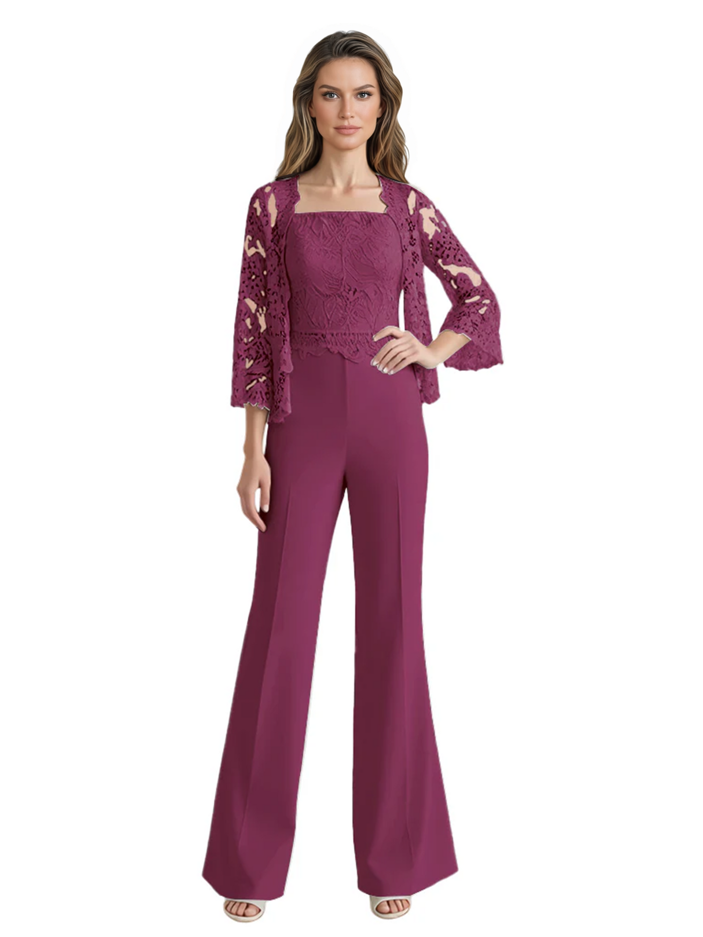 Mother of the Bride Jumpsuit with Lace Jacket 3/4 Sleeve Formal Pant Suit