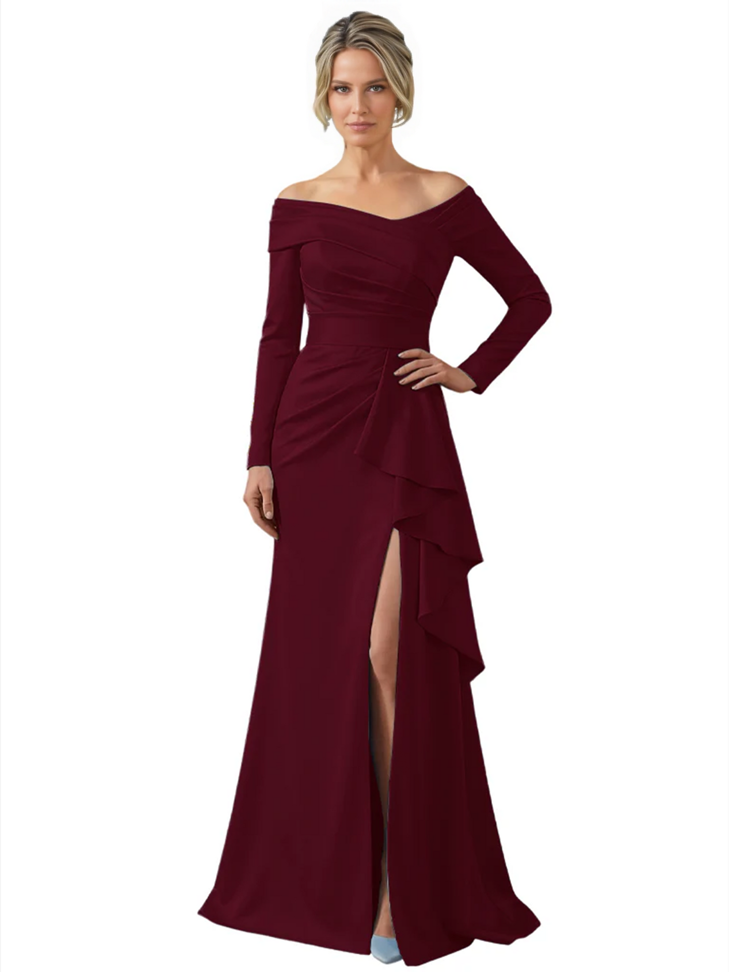 Elegant Mother of the Groom Dress Cascading Ruffle Satin Gown with High Slit Long Sleeves