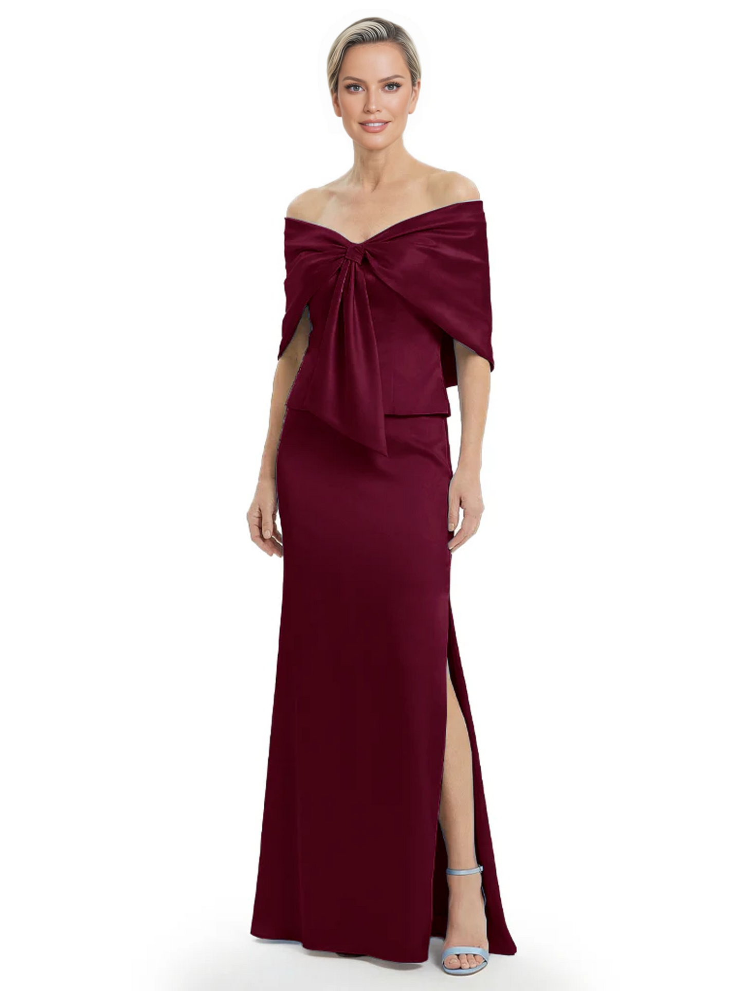 Formal Floor-Length Mother of the Bride Gown Satin Maxi Dress with Bow Neckline