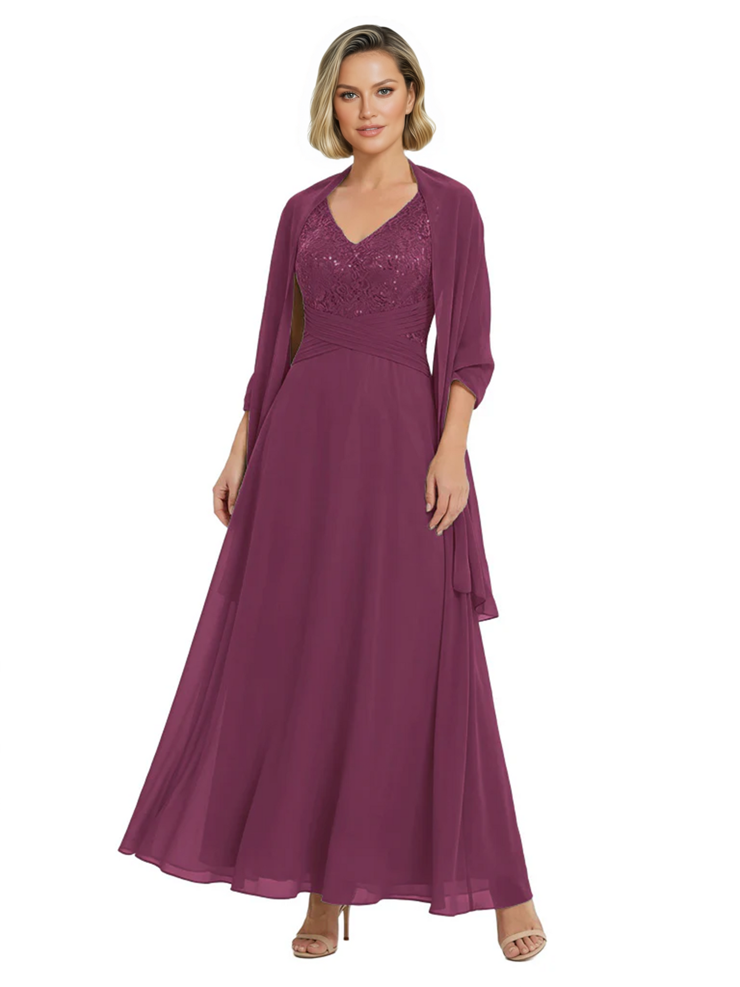 Luxury Formal Mother of Bride Dress Sparkling Sequin Top & Flowy Chiffon Skirt with Shawl