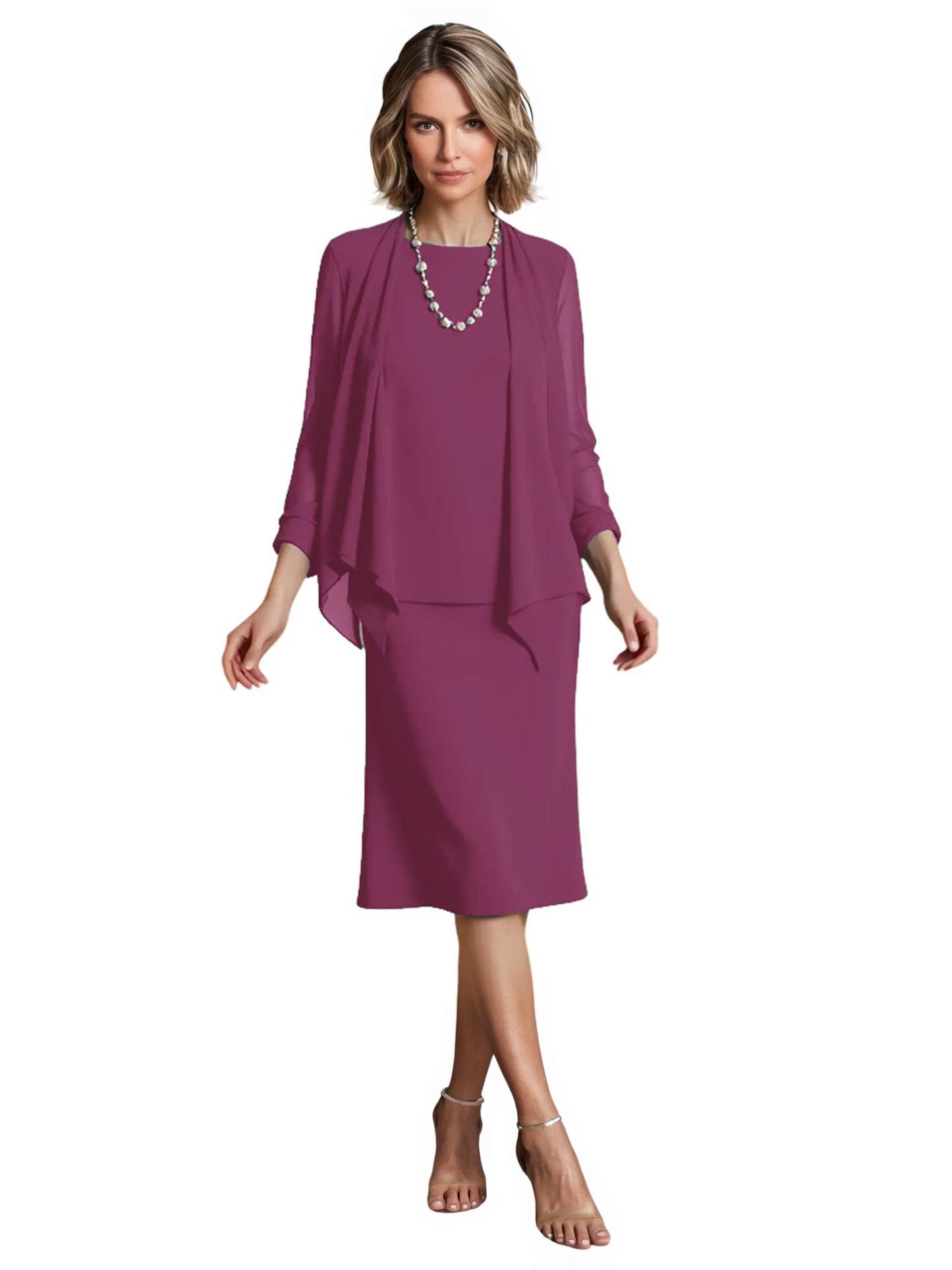 3 PCS Knee-Length Mother of Bride Dresses Prom Dress Evening Dress with Sheer Sleeves and Jacket