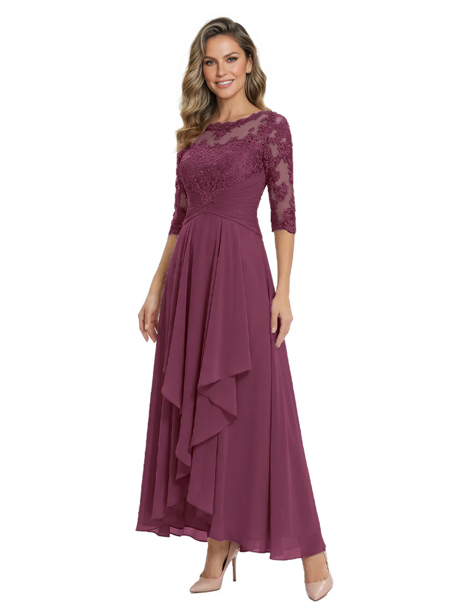 3/4 Sleeve Mother of the Bride Dress with Lace Embroidery High-Low Hem 2026