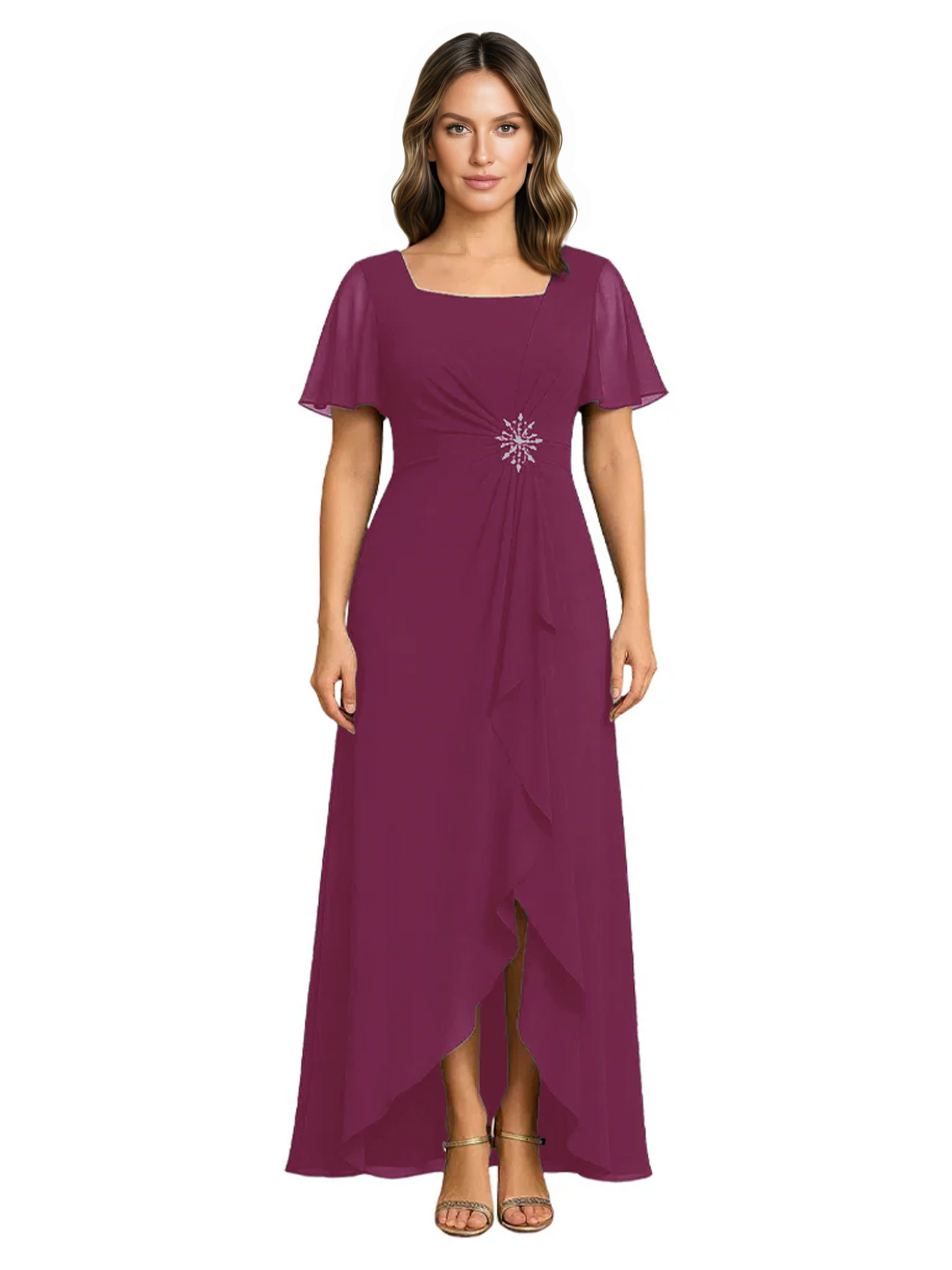 Formal High-Low Mother of the Bride Gown Sleeved Chiffon Maxi Dress Ruched Waist