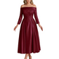 Off Shoulder Mother of the Bride Dress Tea-Length Satin Gown with Lace Applique