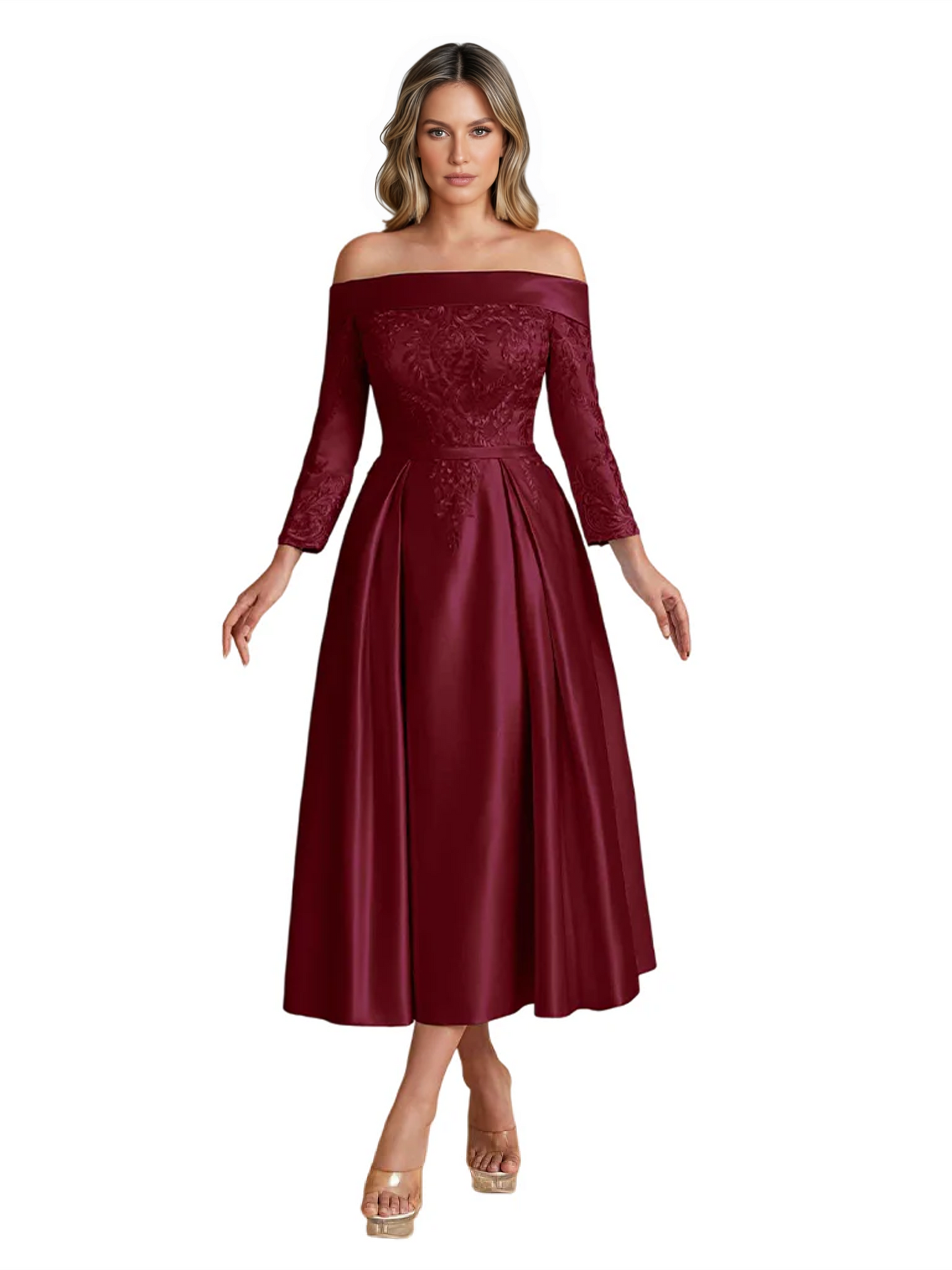Off Shoulder Mother of the Bride Dress Tea-Length Satin Gown with Lace Applique