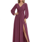 A-Line Mother of Bride Dress V-Neck Chiffon Gown Long Sleeves Slit Formal Dress