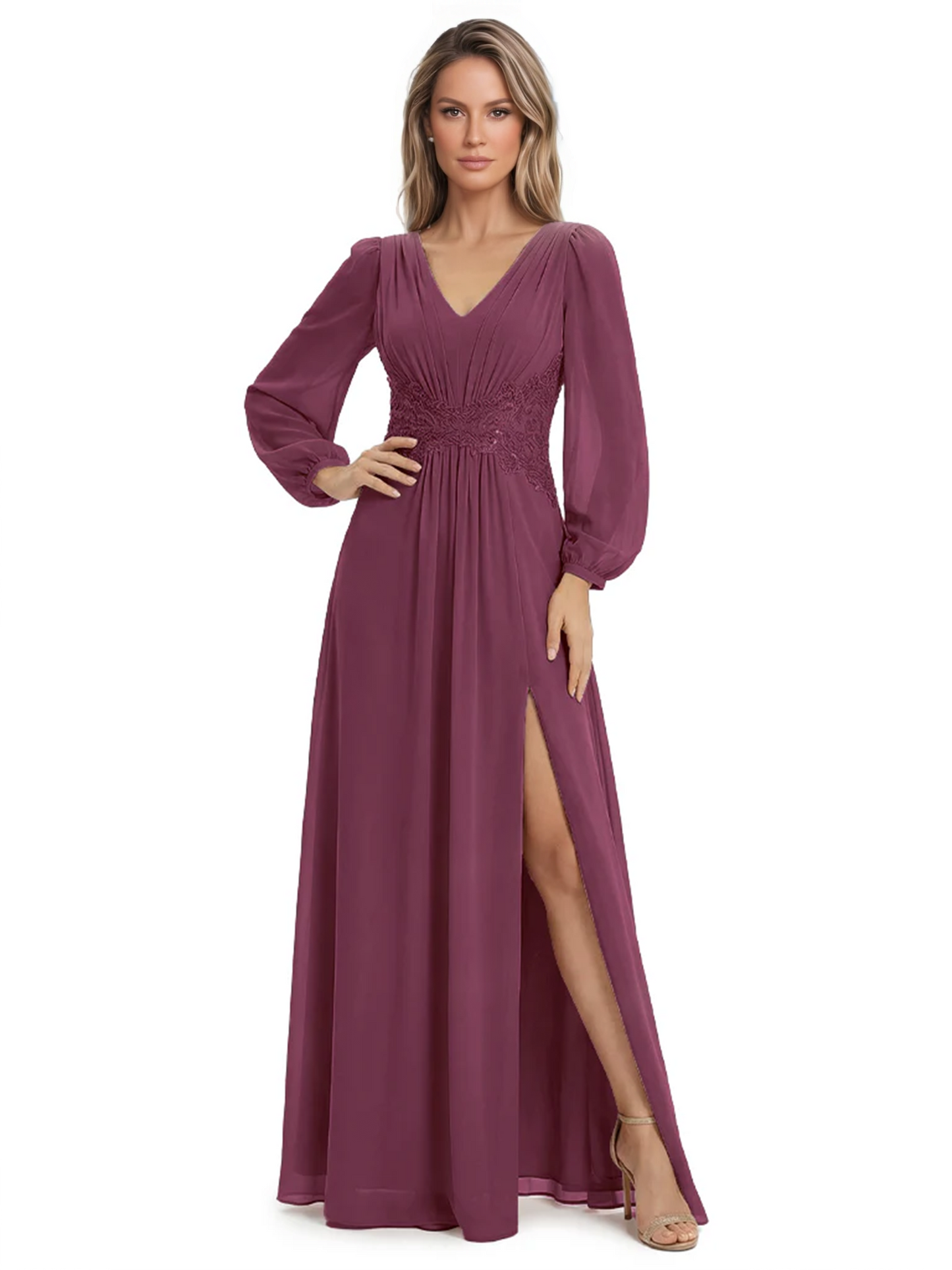 A-Line Mother of Bride Dress V-Neck Chiffon Gown Long Sleeves Slit Formal Dress