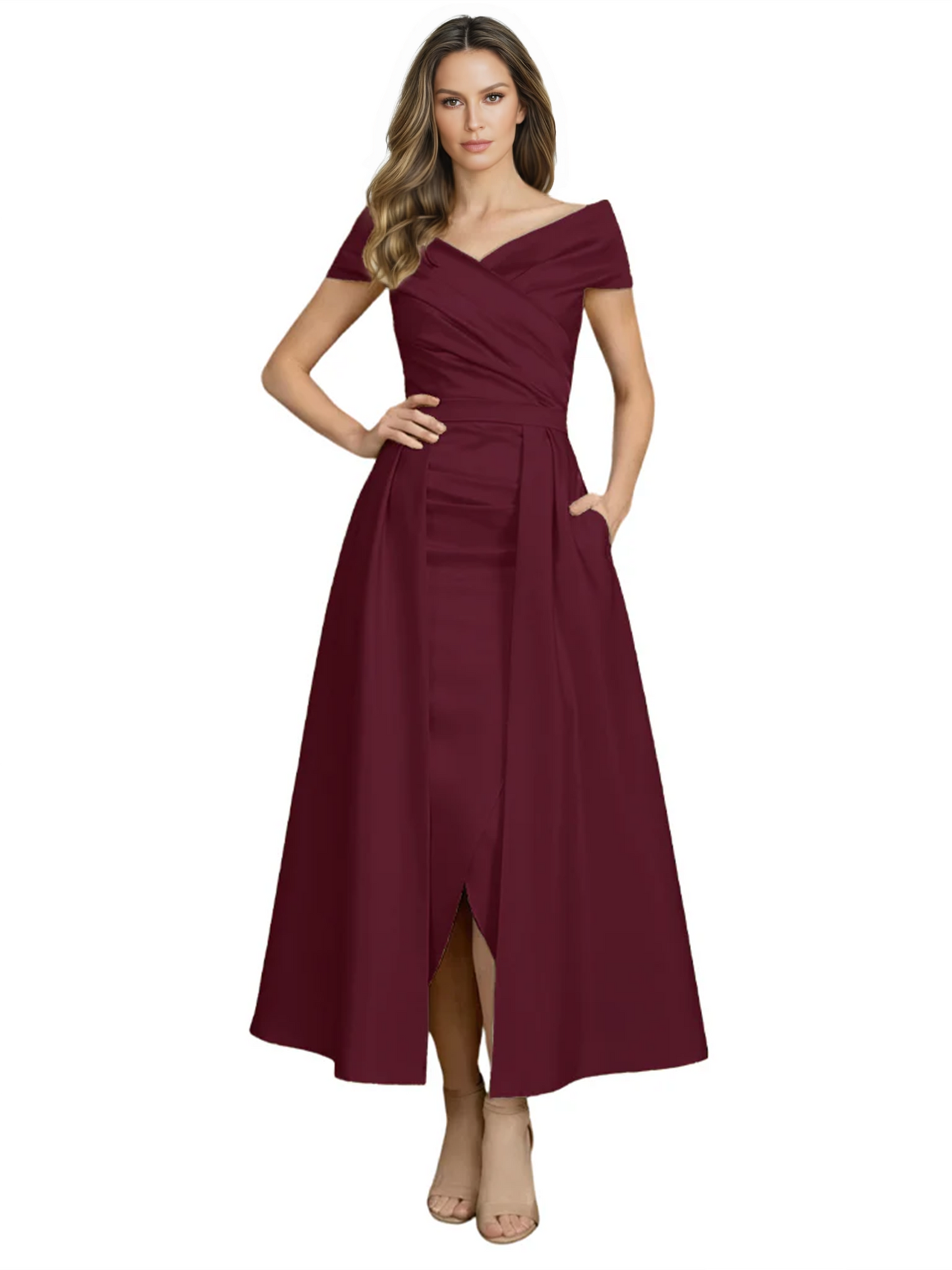 Formal Floor-Length Mother of the Bride Gown Satin Maxi Dress with Slit Off Shoulder