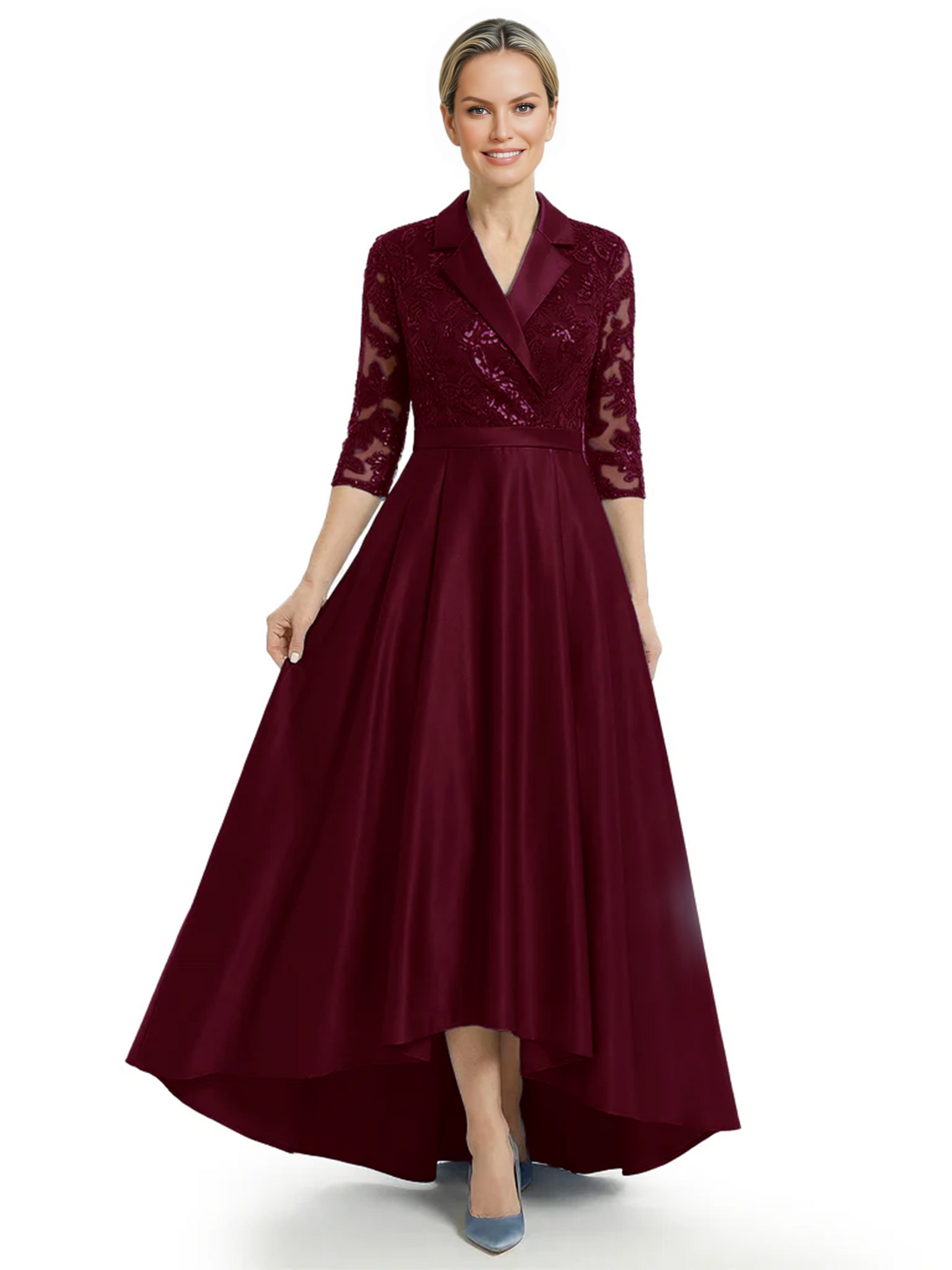 Elegant Mother of Bride Dress Evening Gowns Trending Styles with Lapel Collar 3/4 Sleeves