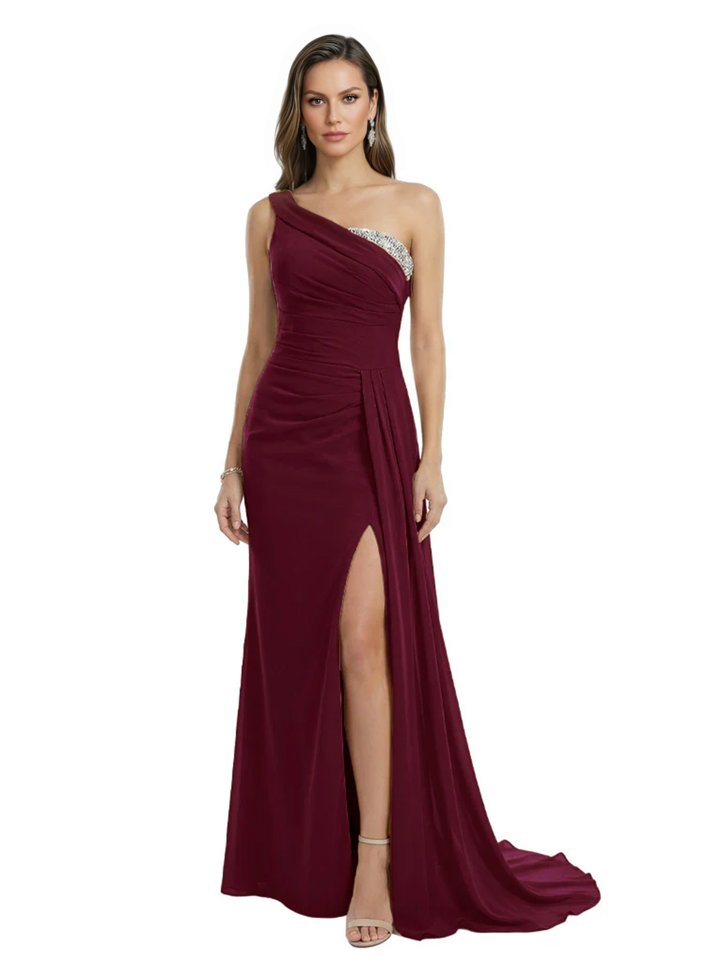 One Shoulder Mother of Bride Dress Ruffle Formal Gowns Mermaid Floor Length Train Slit