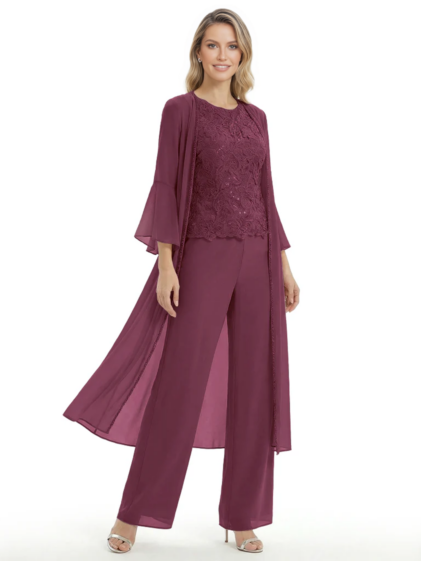 Elegant Pink 3-Piece Pant Set Trending 2026 Styles with Lace Wide-Leg Pants