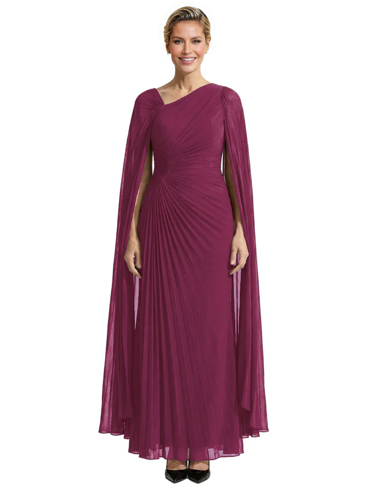 Elegant Asymmetric Neck Long A-Line Chiffon Mother of the Brides Dresses Mom Outfit with Cape