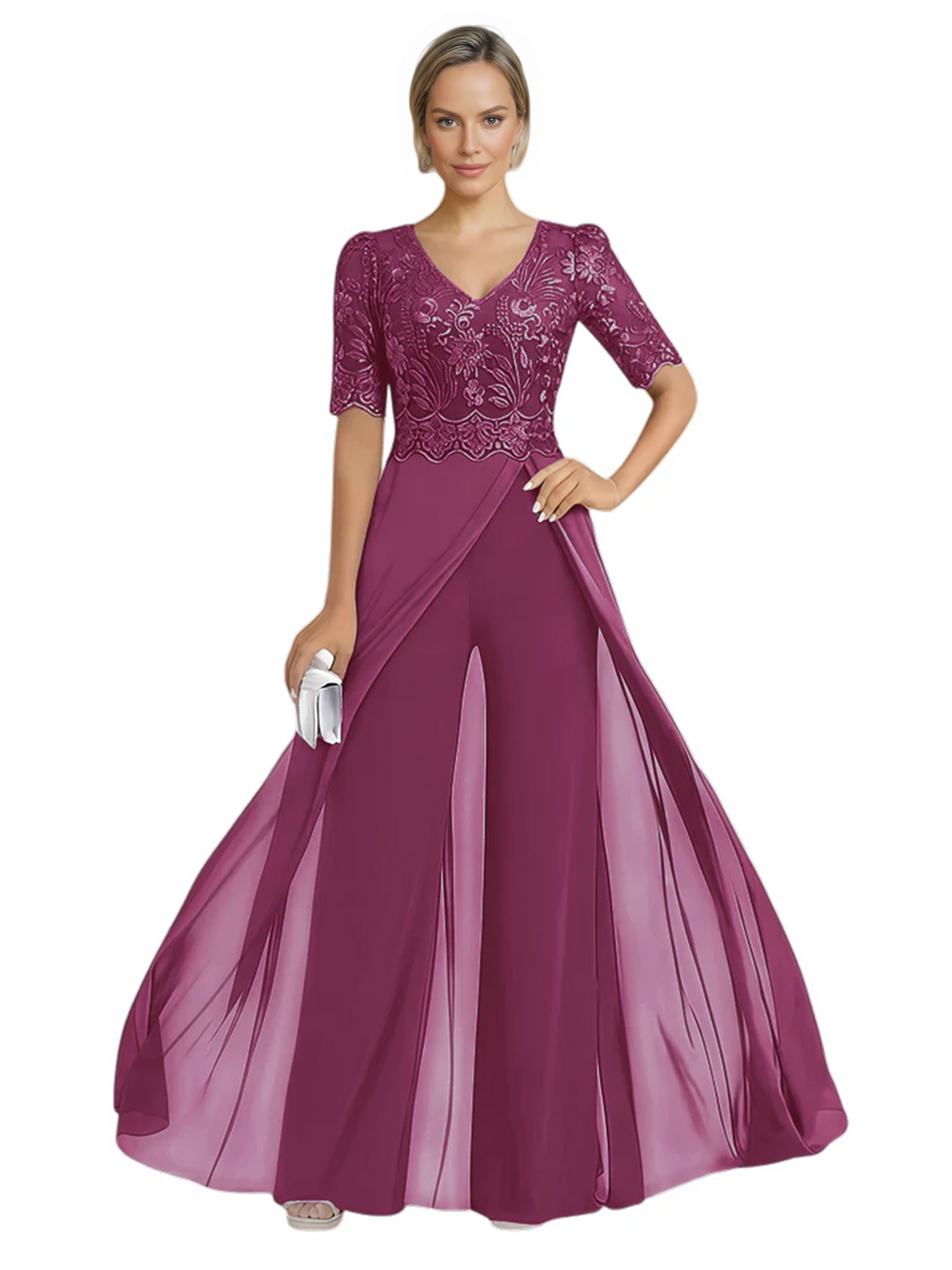 V-Neck Chiffon Mother of the Brides Jumpsuits Dresses Floor Length A-Line Lace