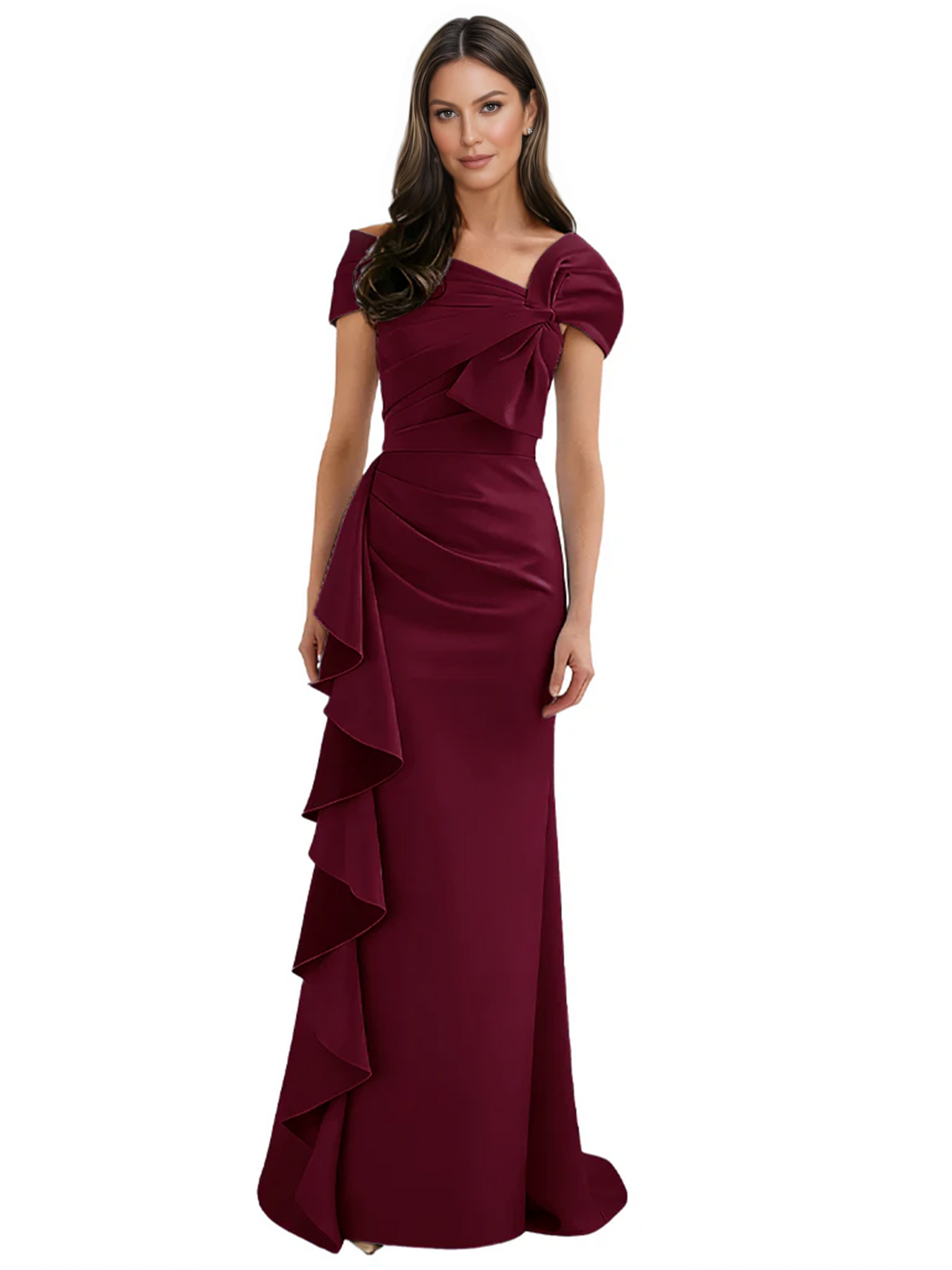 Elegant Mother of Bride Dress Formal Gowns Mermaid Ruffle Floor Length Asymmetric Neckline