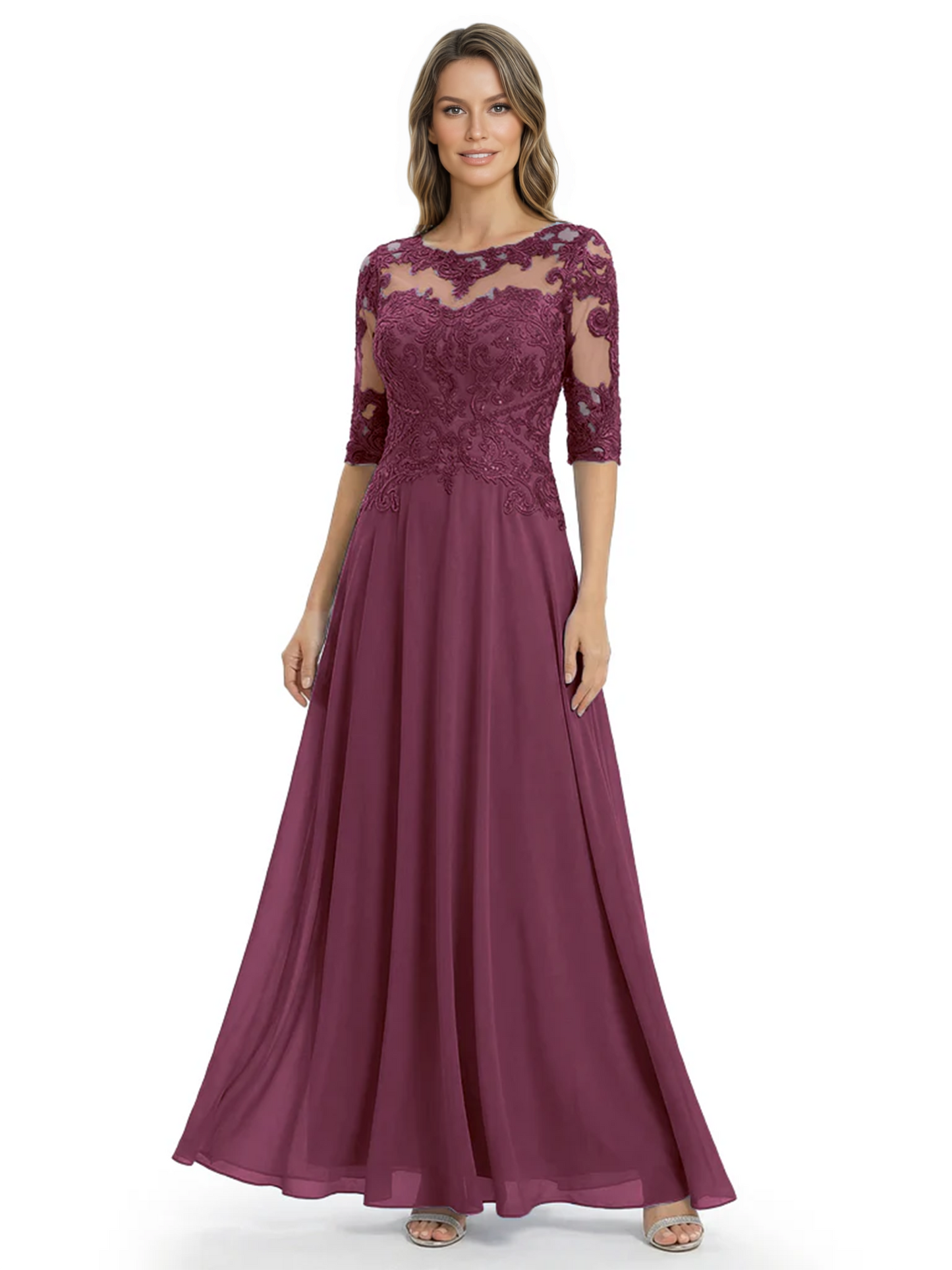 Illusion Neck Mother of the Bride Dress Half Sleeve Lace Applique Gowns Chiffon