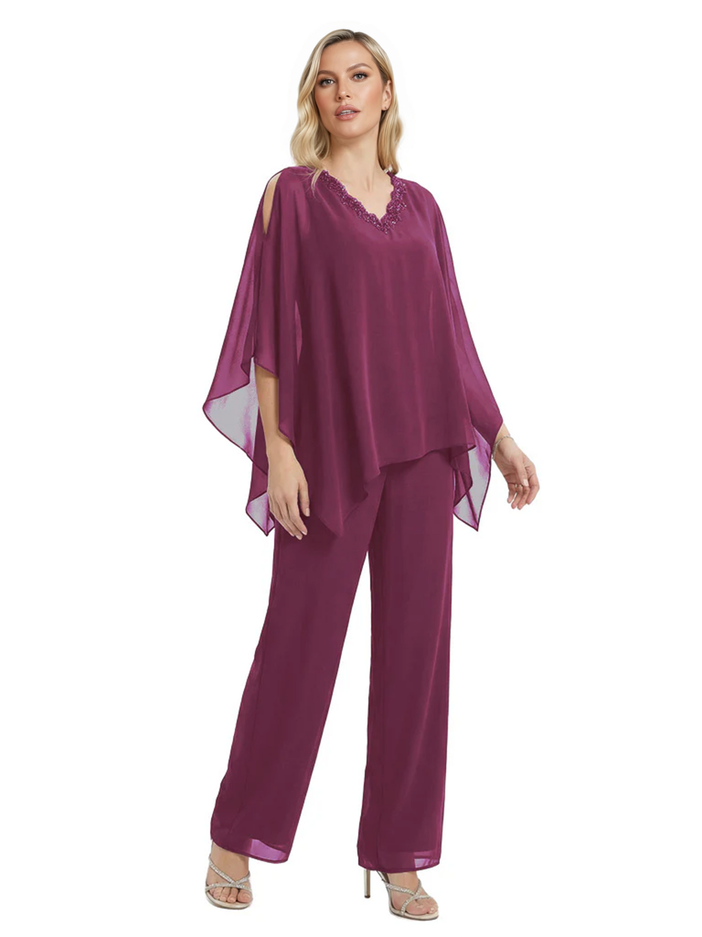 V-Neck Chiffon Mother of the Brides Dresses Plus Size Jacket Suits Wedding