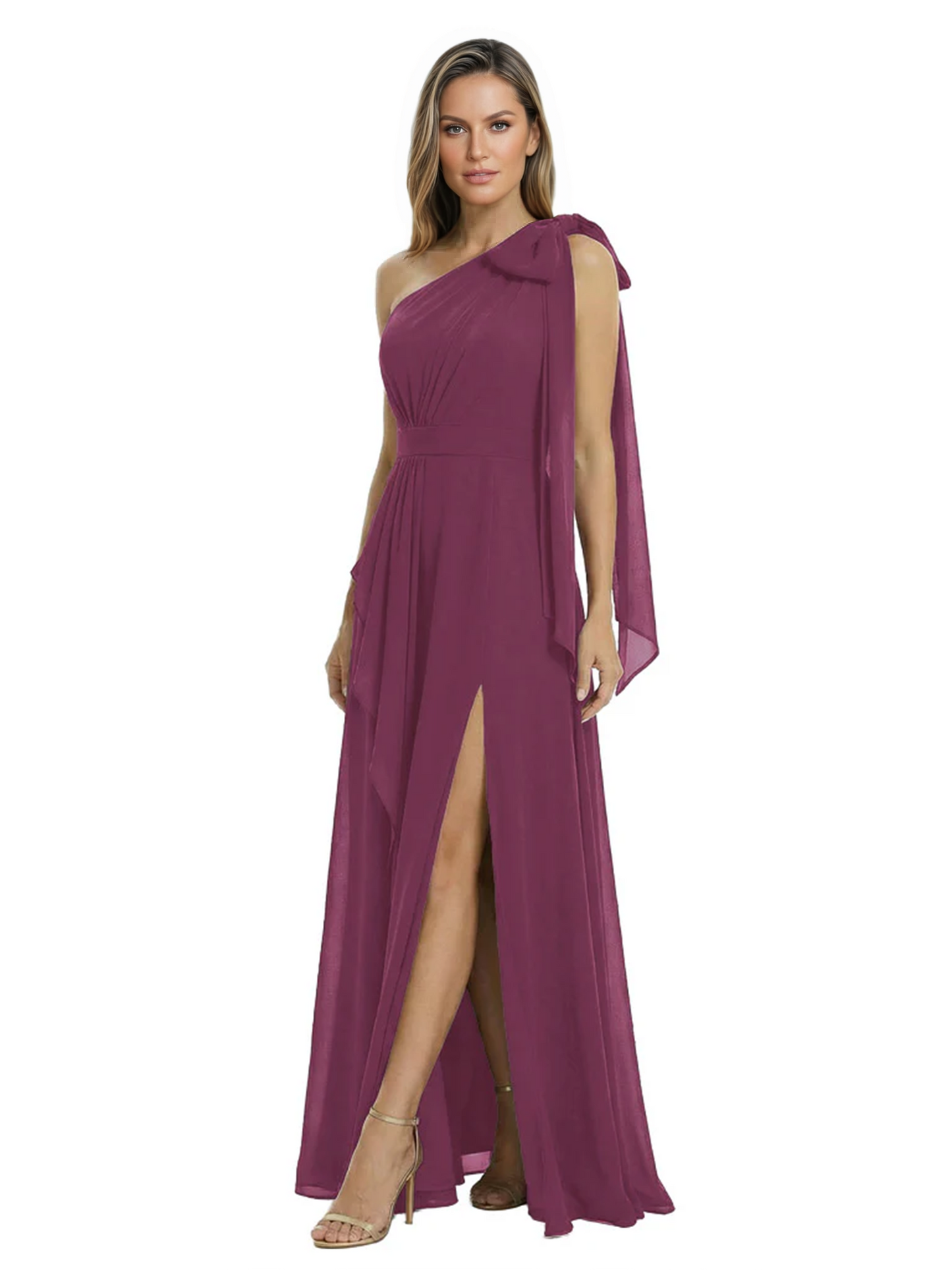 One-Shoulder Mother of the Bride Dress Chiffon Gown with Long Sash Detail